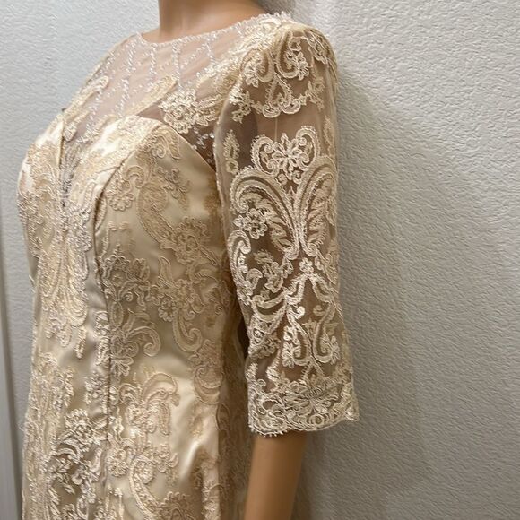 Wedding Dress Champagne Beige Boat Neck 3/4 Sleeve Corset Tie Back Midi - Picture 4 of 14